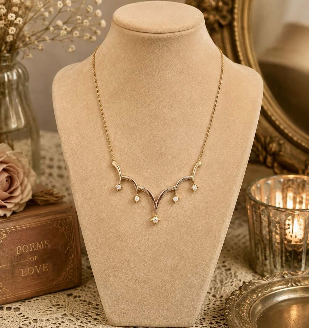Vintage Two-Tone Gold Chevron V-Station Necklace with Diamond Accents